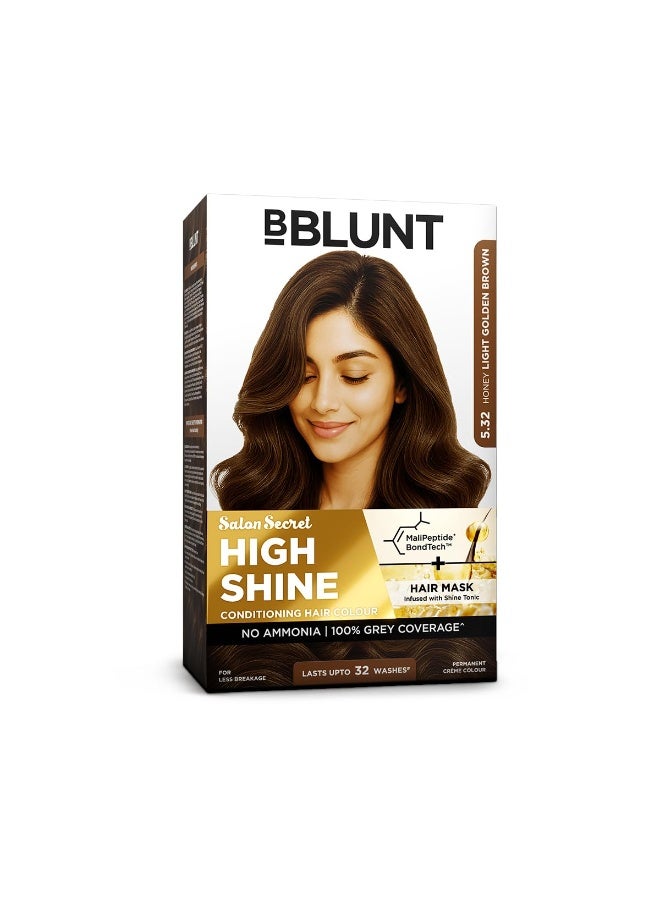 BBLUNT Salon Secret High Shine Conditioning Hair Colour With MaliPeptide BondTechto reduce breakage| Honey Light Golden Brown 5.32 | No Ammonia 100% Grey Coverage | Long Lasting Colour |Salon at home 130g - Image 1